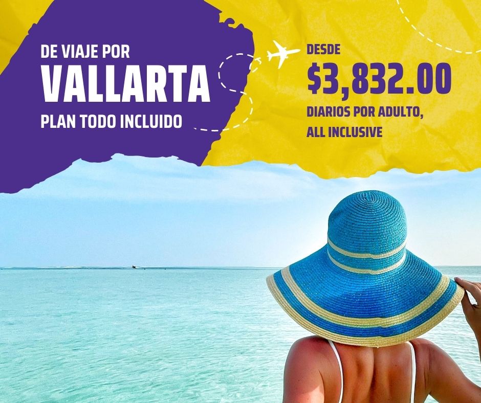 Una imagen promocional para un paquete de viaje a Vallarta. Muestra a una persona con un sombrero azul y un traje de baño, de pie en el agua cristalina del océano. El texto dice: "De viaje por Vallarta, plan todo incluido desde $3,832.00 diarios por adulto". Anuncio creado el 19 de mayo de 2024: todo incluido.